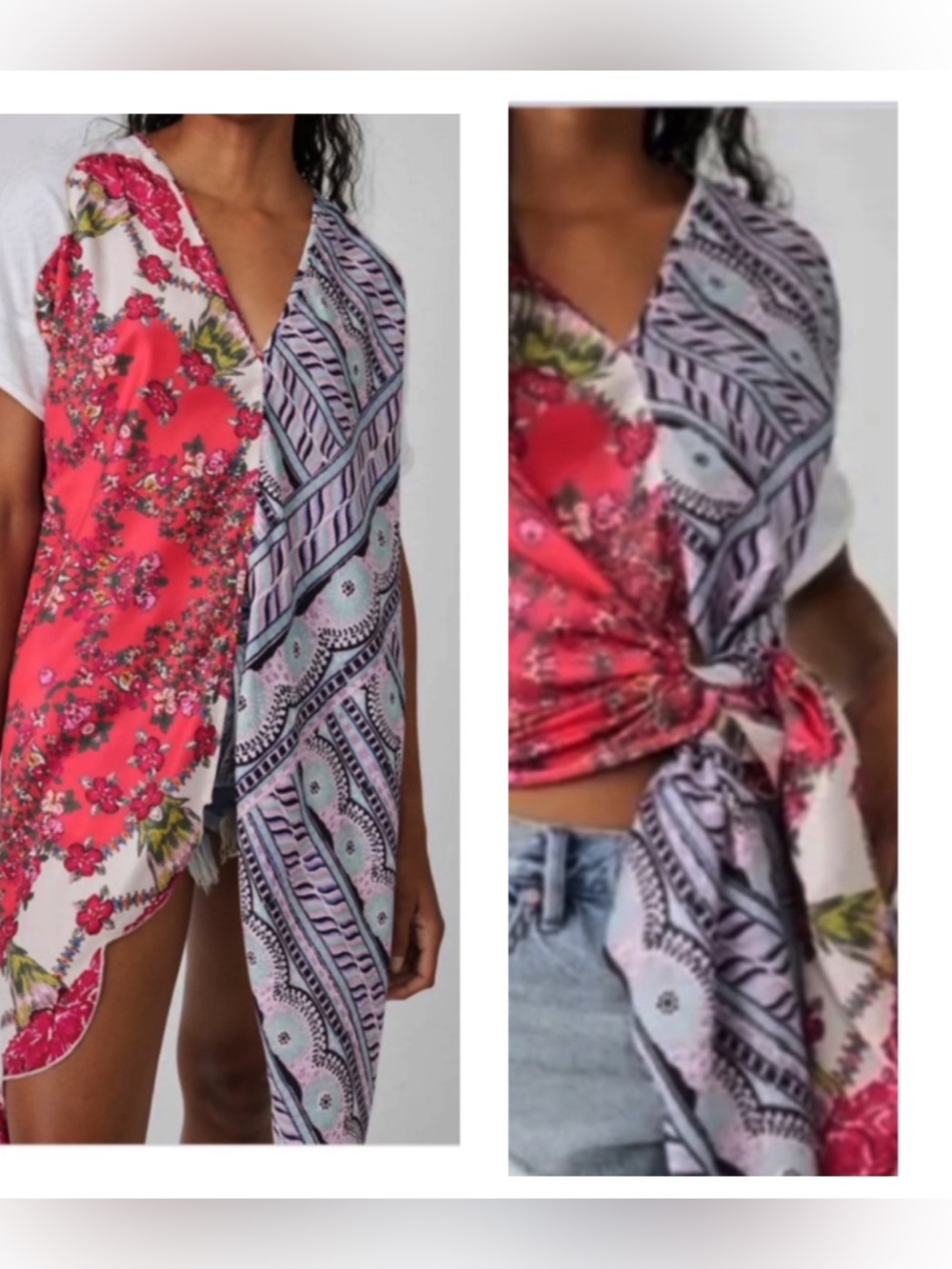 FREE PEOPLE PICK YOUR SCARF SPLIT TUNIC MAXI TEE  LARGE PINK COMBO